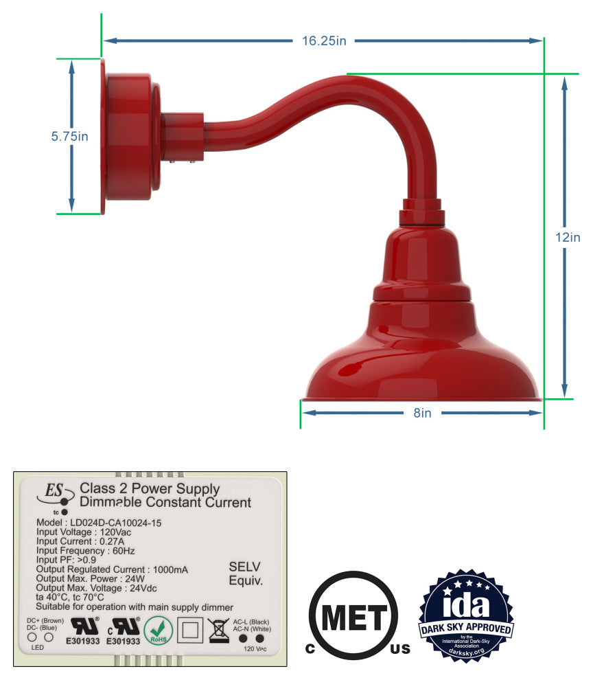 8in.  Red Gooseneck Barn Light with Chic Arm