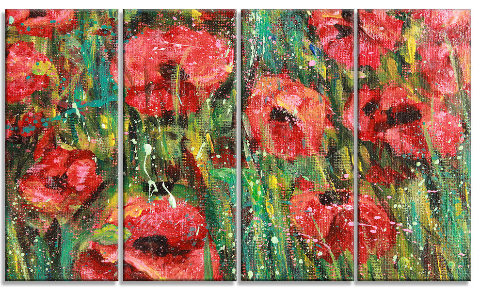 Red Poppies Watercolor Drawing, Floral Wall Art, 48"x28", 4 Panels