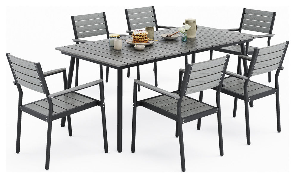 7-Piece Gray Outdoor Patio Set Dining Chairs Table With Umbrella Hole, Dc038