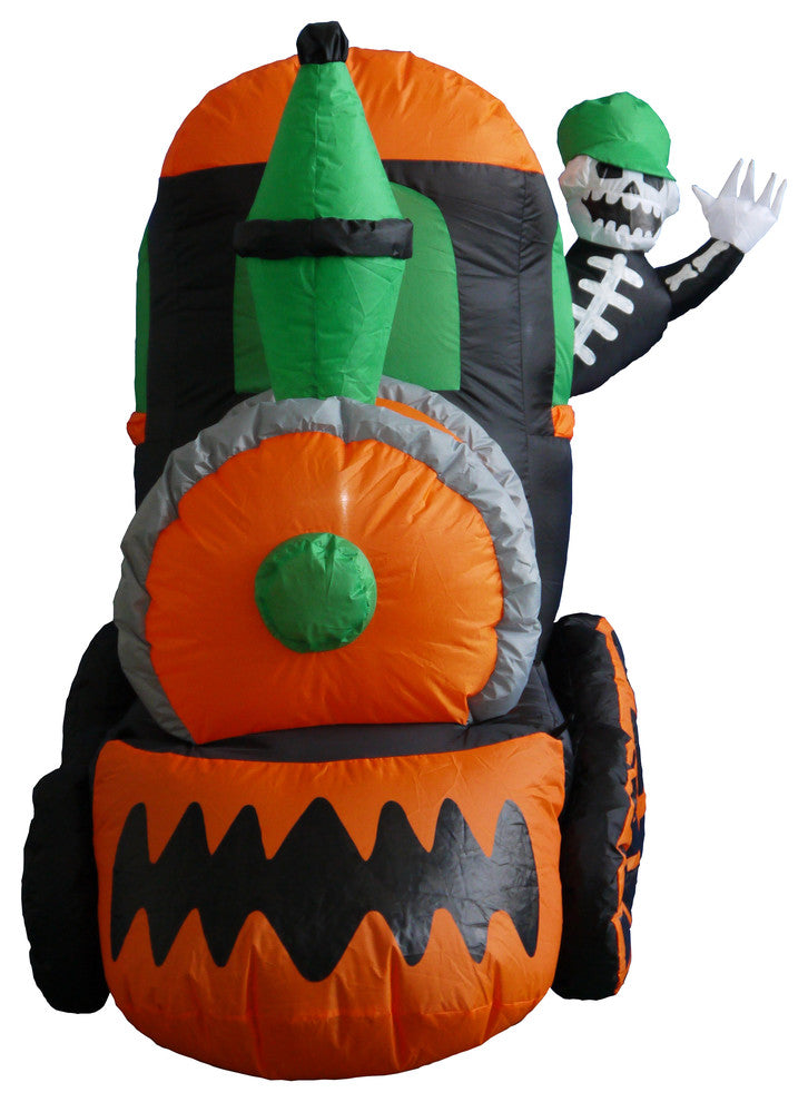 Skeleton on Train With Pumpkins and Ghost Tombstone, 7' Long