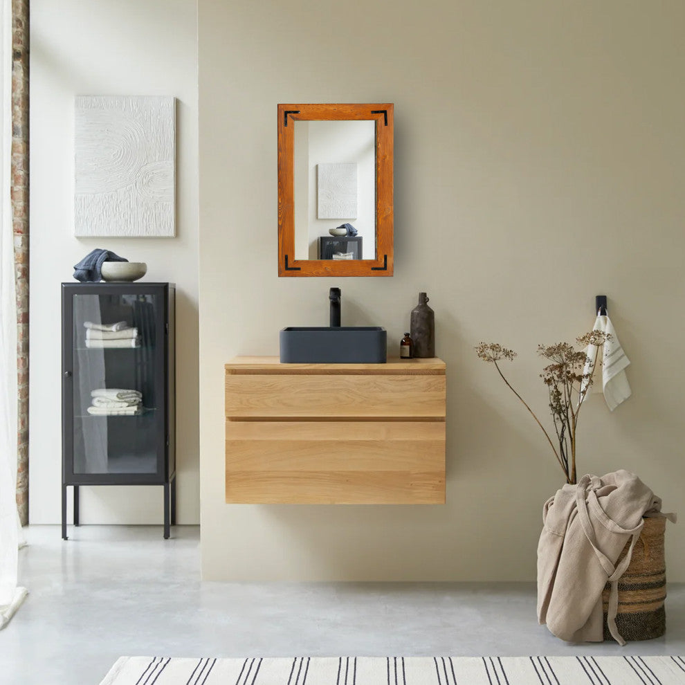 Natural Wood Framed With Metal Corner Bracket Mirror, Natural