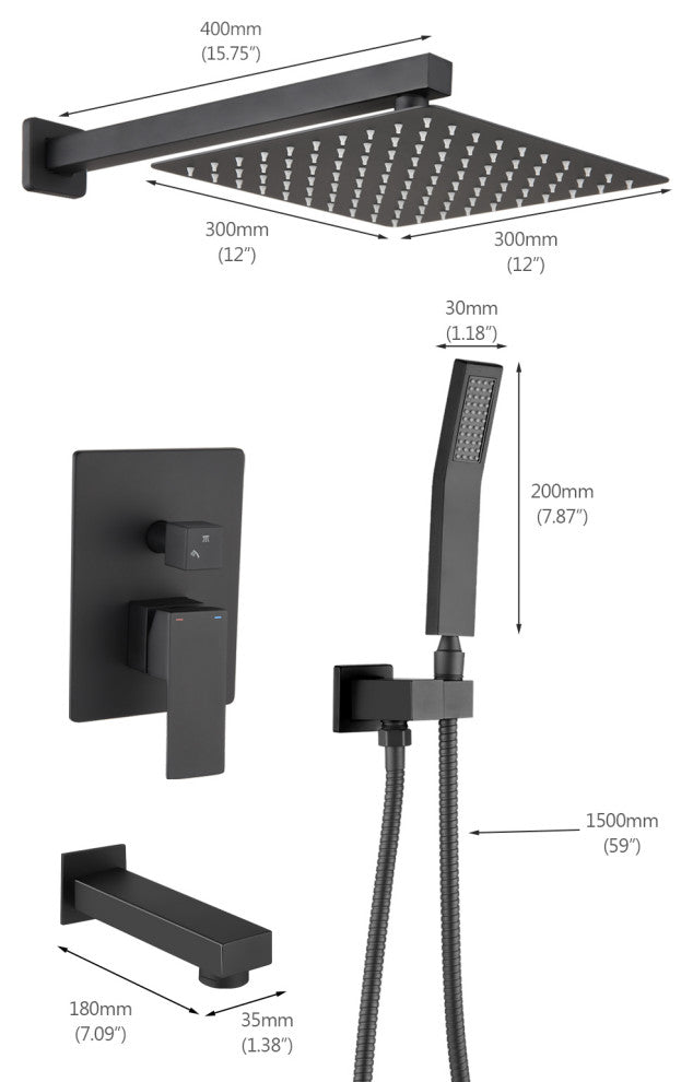 12" Wall Mounted Rainfall Shower System With Tub Spout, Matte Black