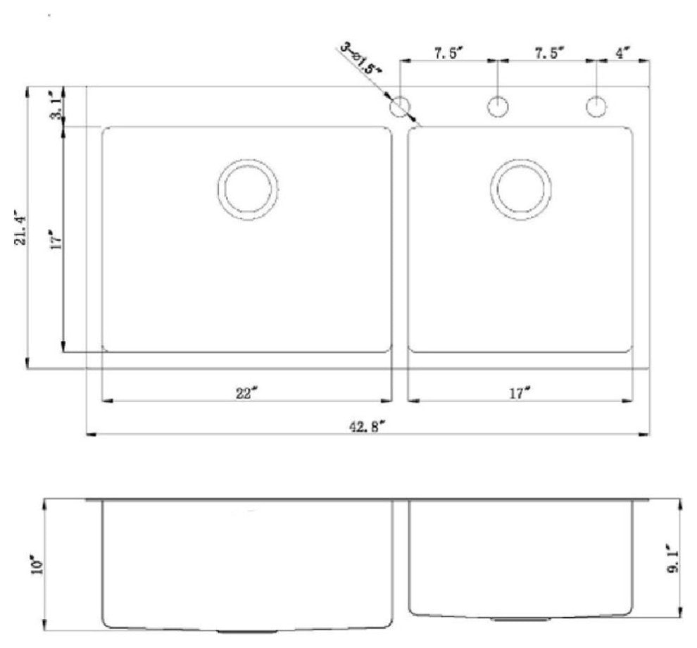 42-7/8" Topmount 16 Gauge Double Bowl, Sink With Faucet and Strainer
