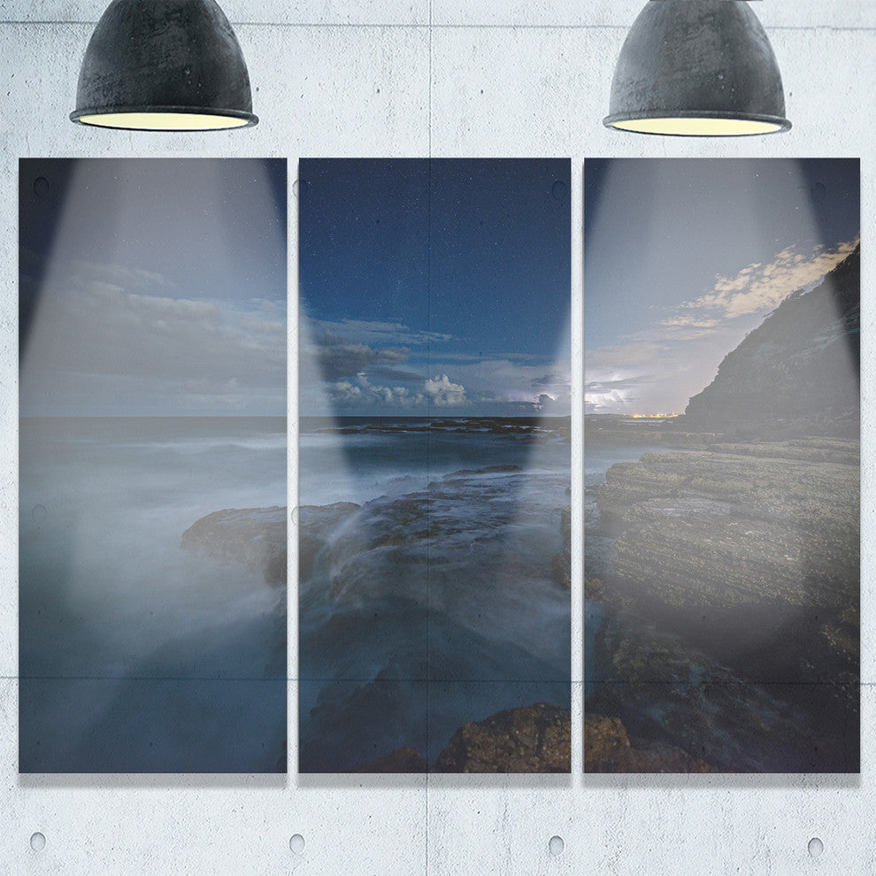 "Rocky Blue Ocean at Nighttime" Metal Wall Art, 3 Panels, 36"x28"