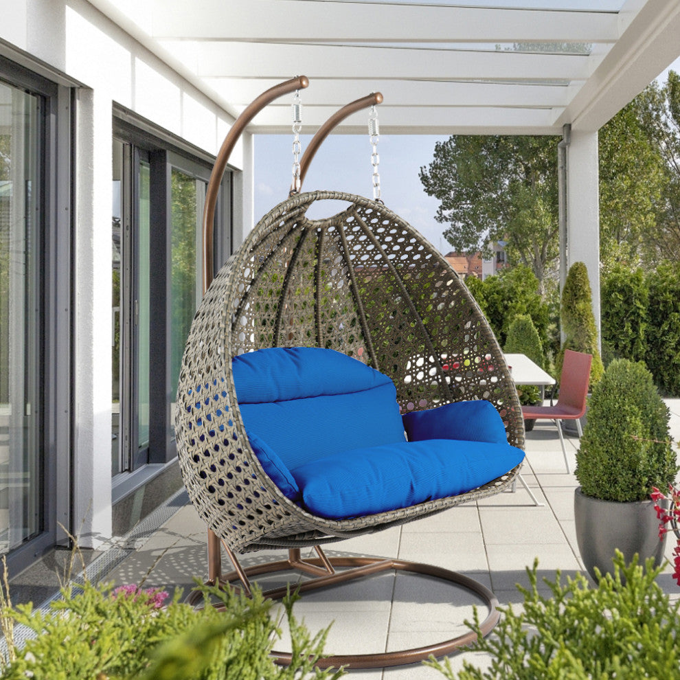 2 Person Beige Wicker Double Hanging Egg Swing Chair, Blue