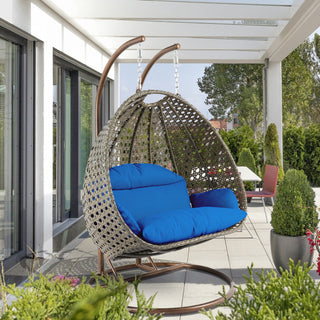 2 Person Beige Wicker Double Hanging Egg Swing Chair, Blue
