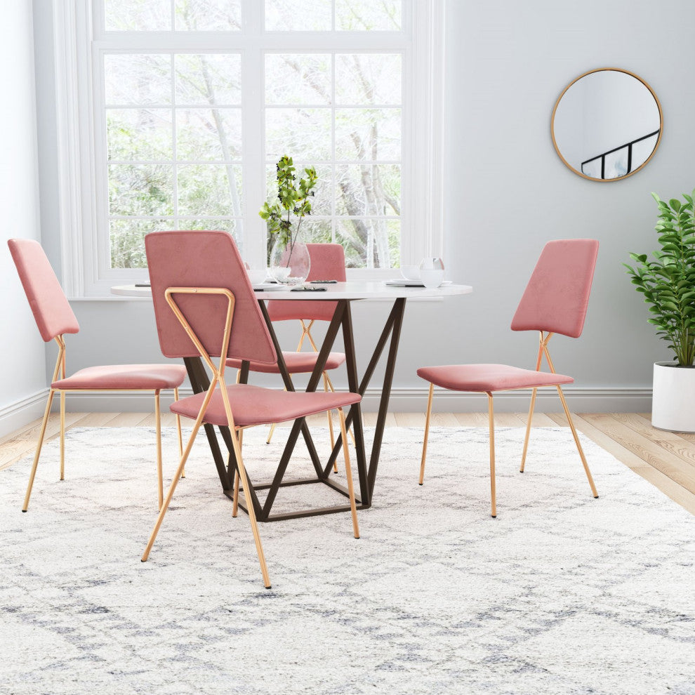 Dining Chair, Set of 2, Steel Metal, Fabric, Pink, Gold, Bar Kitchen Pub Bistro