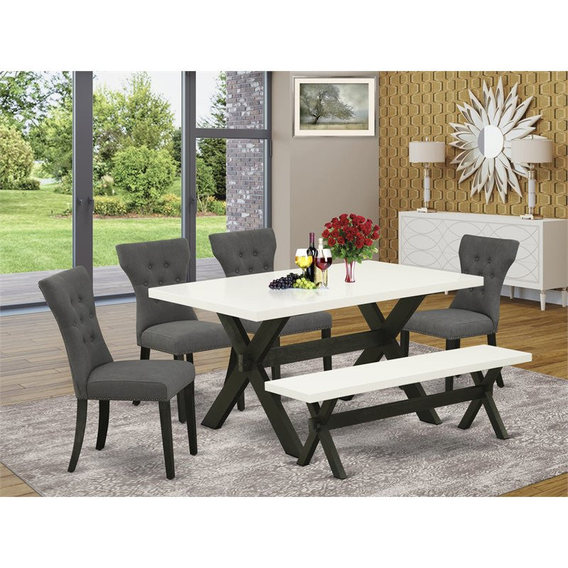 6-Piece Set, Dark Gotham Gray Seat Chairs, Bench and Table, Linen White/Black