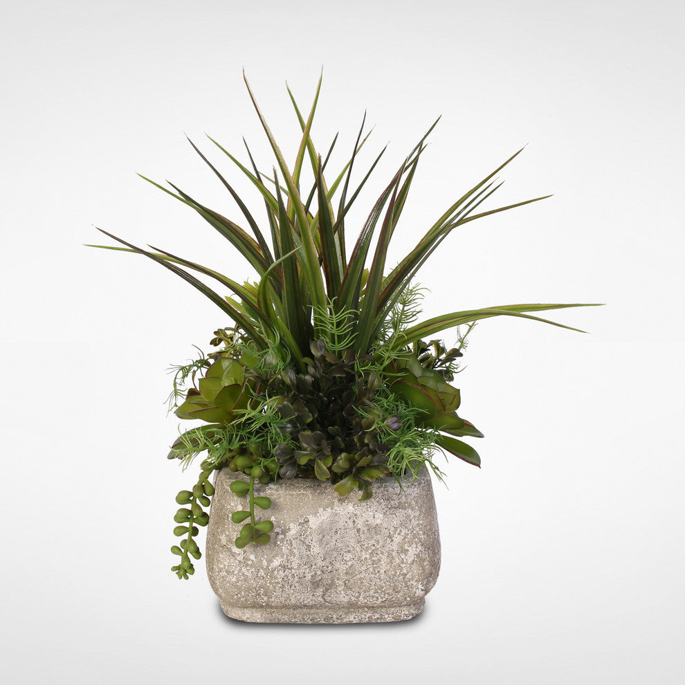 Artificial Succulent Arrangement With Grass in a Stone Pot