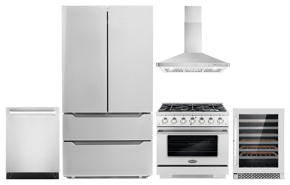 5-Piece Kitchen, 36" Freestanding Gas Range and 36" Wall Mount Range Hood