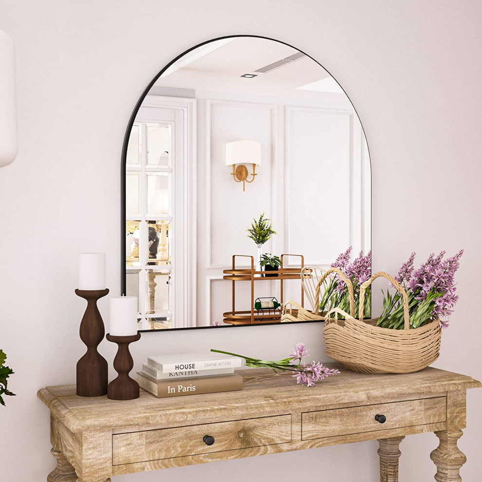 Easly 32x34 Aluminum Alloy Framed Arched Mirror, Black