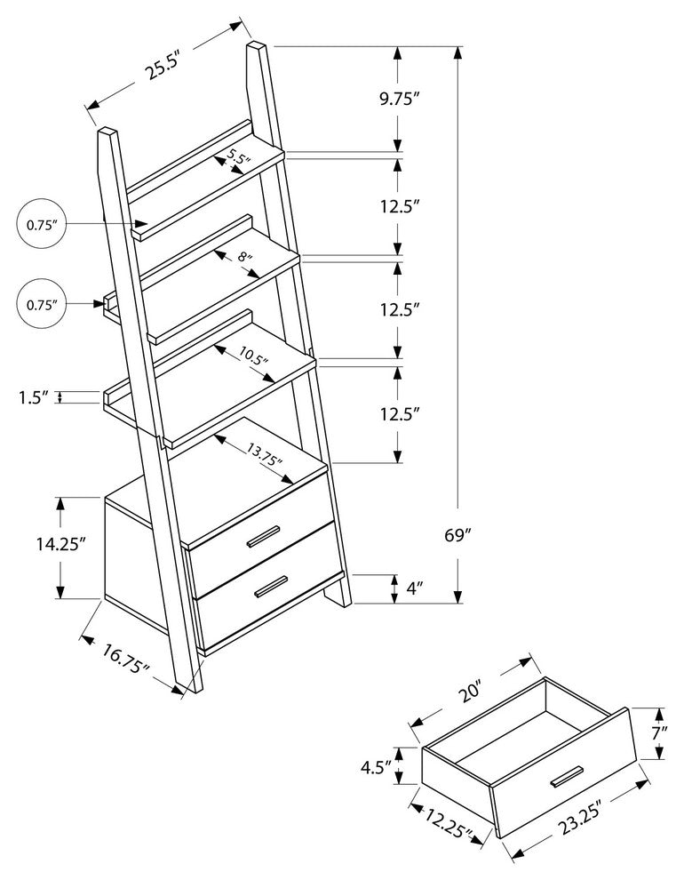Bookcase, 69" Dark Taupe Ladder With 2 Storage Drawers