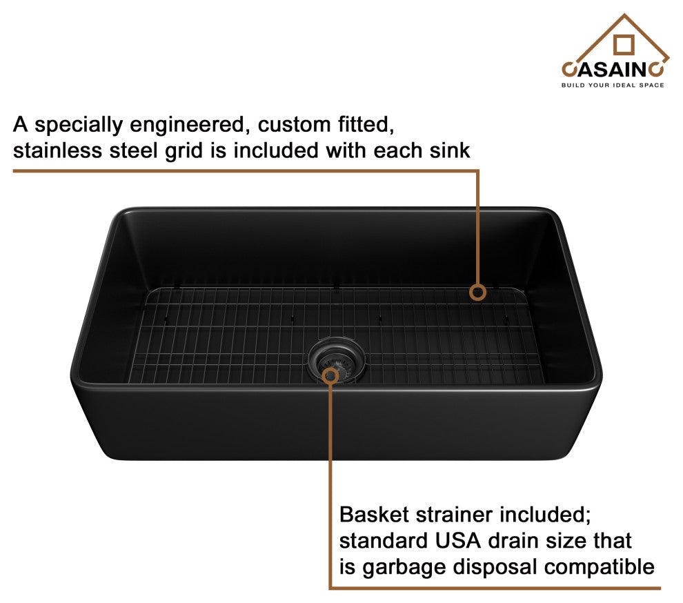 Fireclay 36inch Single Bowl Farmhouse Apron Kitchen Sink with Bottom Grid, 36