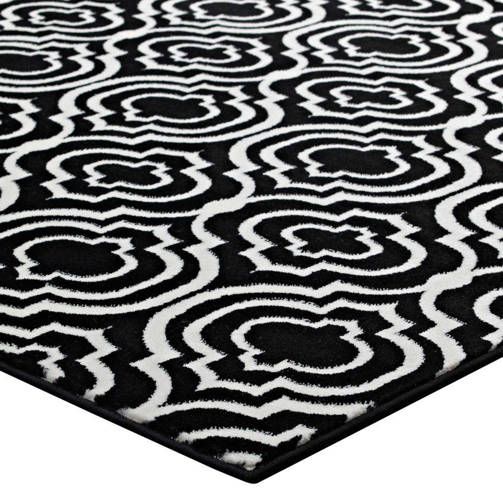 Black and White Frame Transitional Moroccan Trellis 5x8 Area Rug