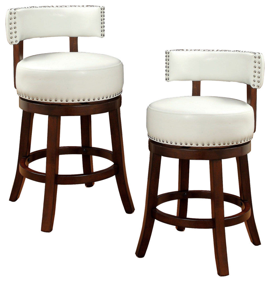 Set of 2 Leatherette and Wood 24" Bar Stool, Dark Oak, White
