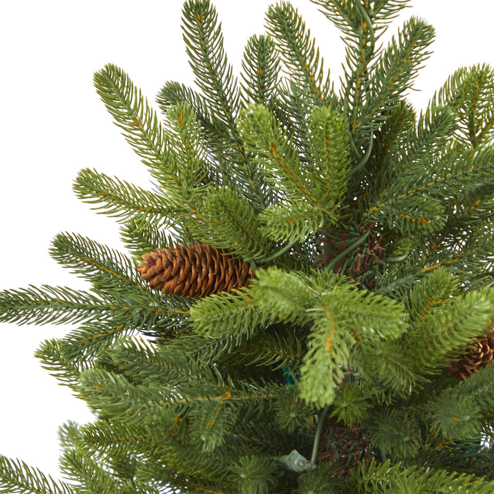 3.5' Yukon Mountain Fir Faux Xmas Tree W/50 Lights & Pinecones, Bronze Planter