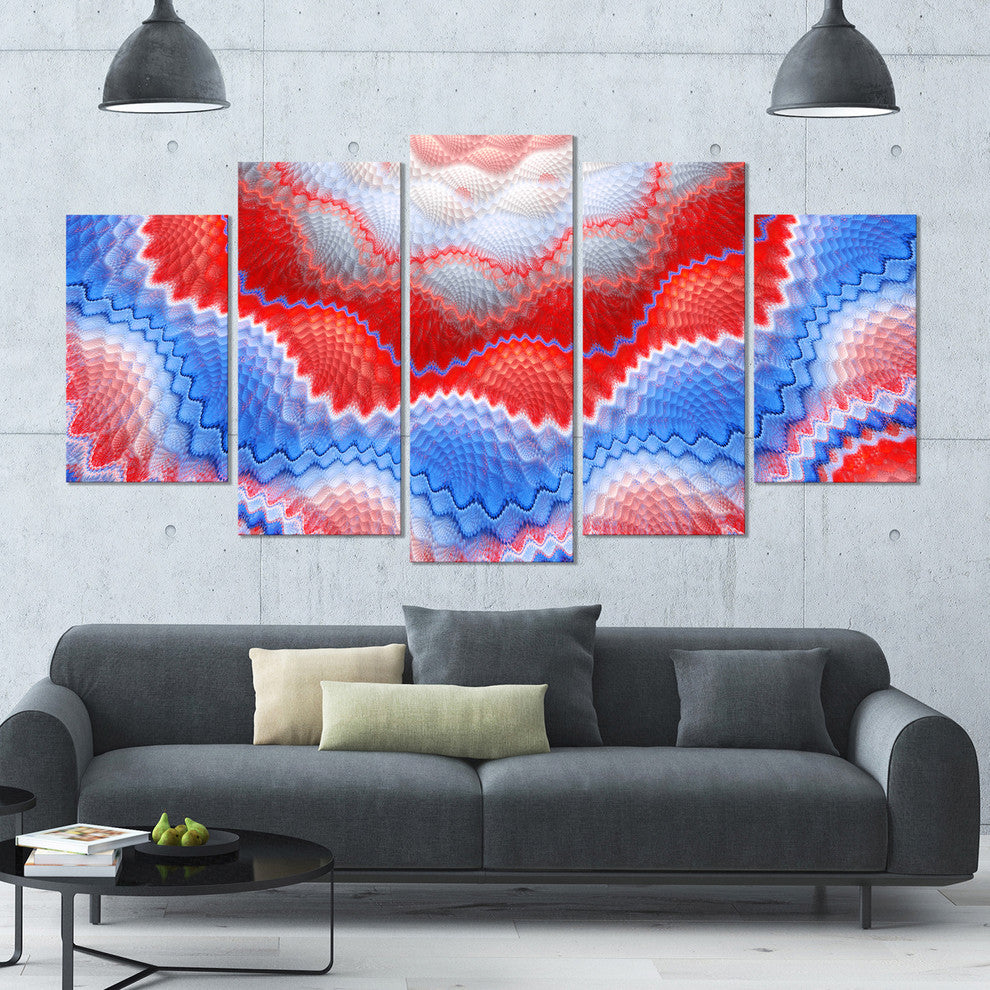 Red Blue Snake Skin Flower, Contemporary Art on Canvas, 60"x32", 5 Panels