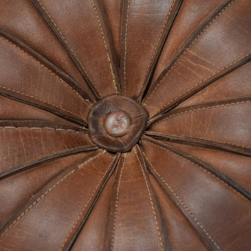 Solid Handmade Leather Pouf Brown, 21x21x12