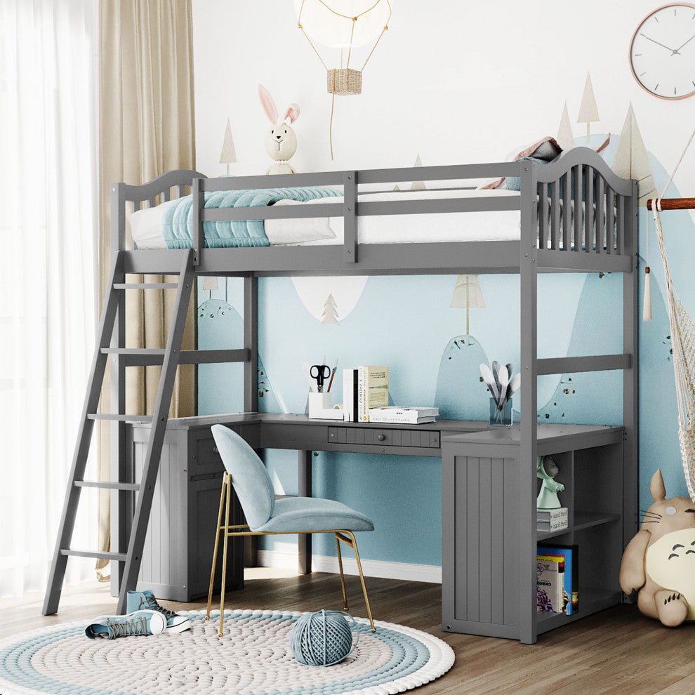 Gewnee Wood Twin Loft Bed with Drawers, Shelves and Desk in Gray