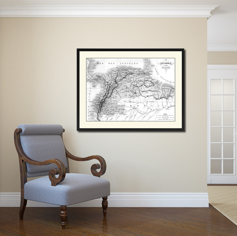 Columbia Venezuela Guianna Vintage B&W Map Canvas Print, 28"x37"