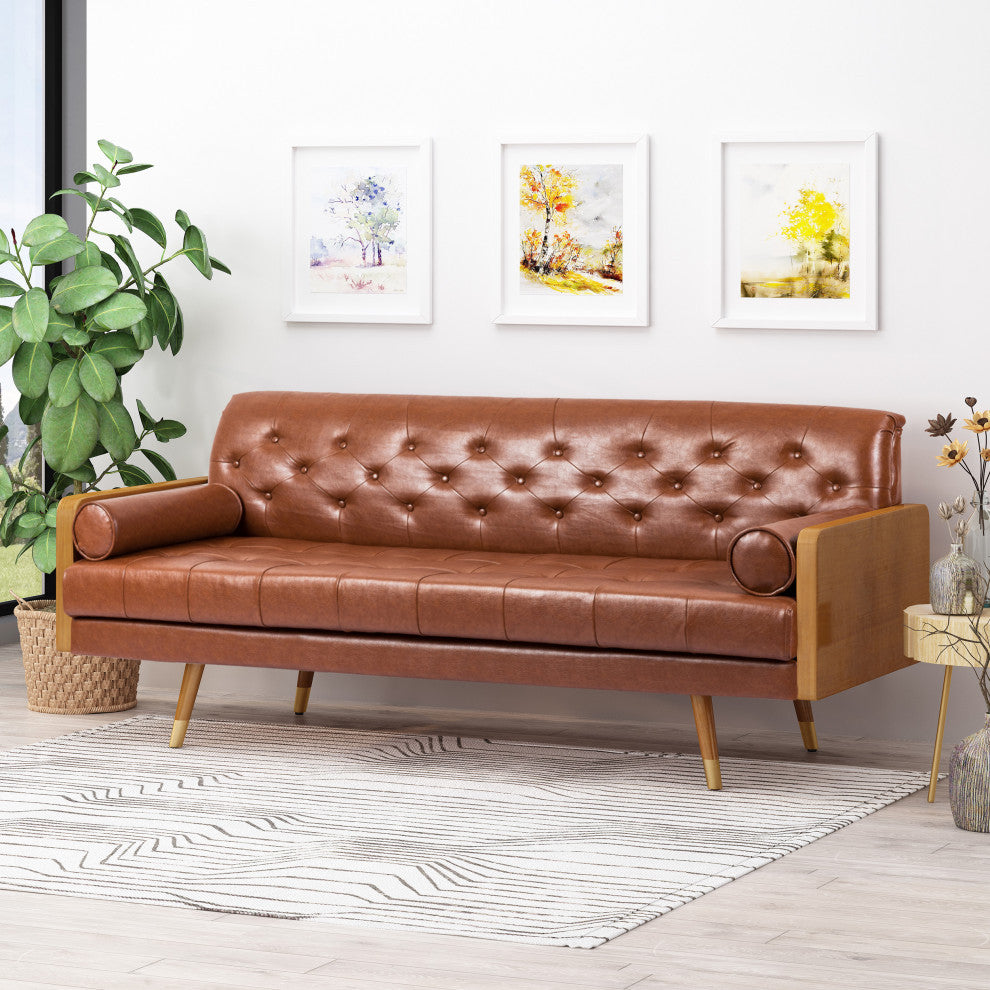 Neil Tufted Sofa With Rolled Accent Pillows, Cognac Brown, Dark Walnut, Gold