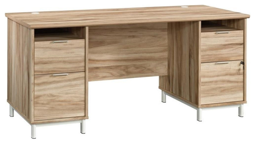 Sauder Portage Park Engineered Wood/Metal Executive Desk in Kiln Acacia/Natural