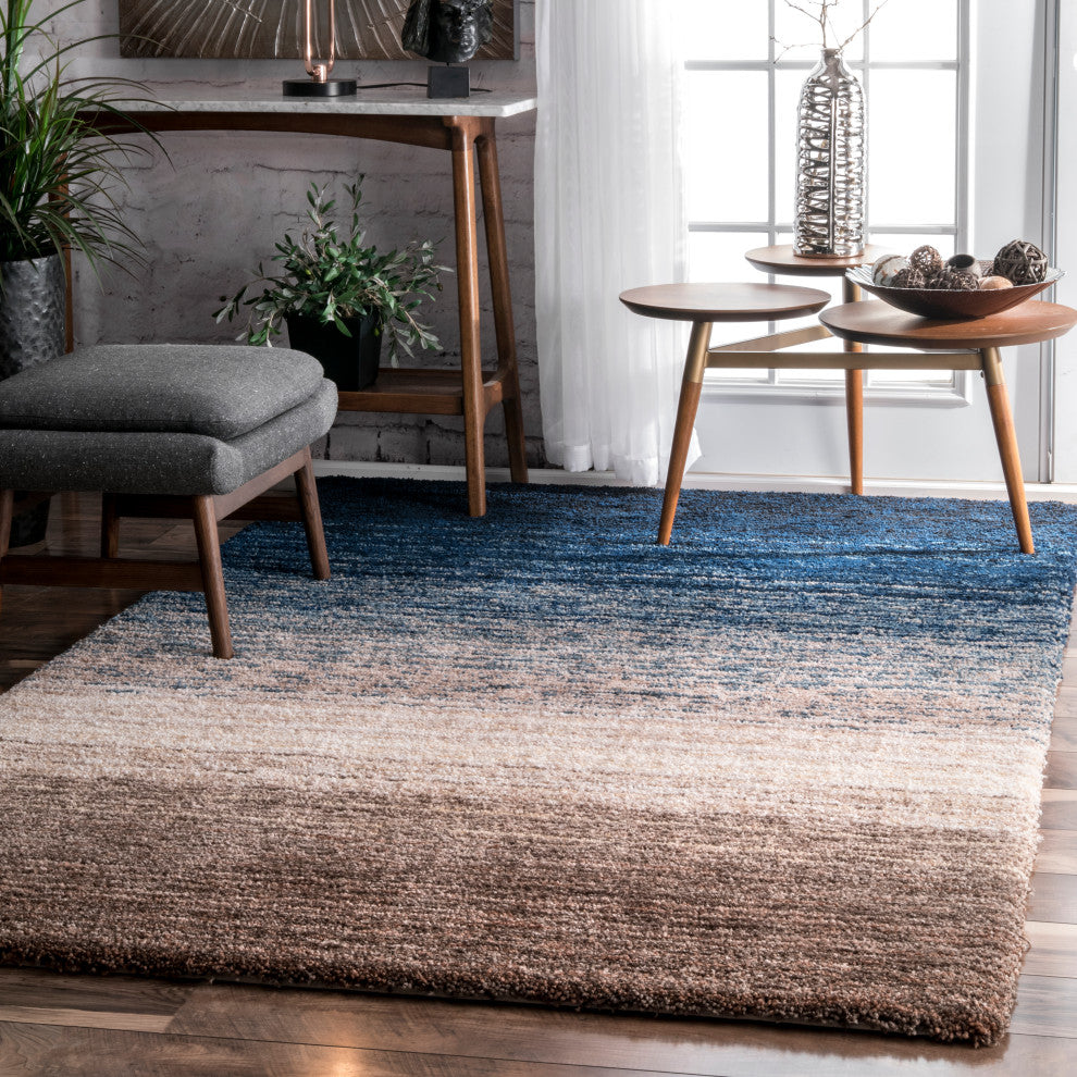 Nuloom Hand-Tufted Striped Shaggy Plush Shag Rug, Navy Multicolor 6'x9'