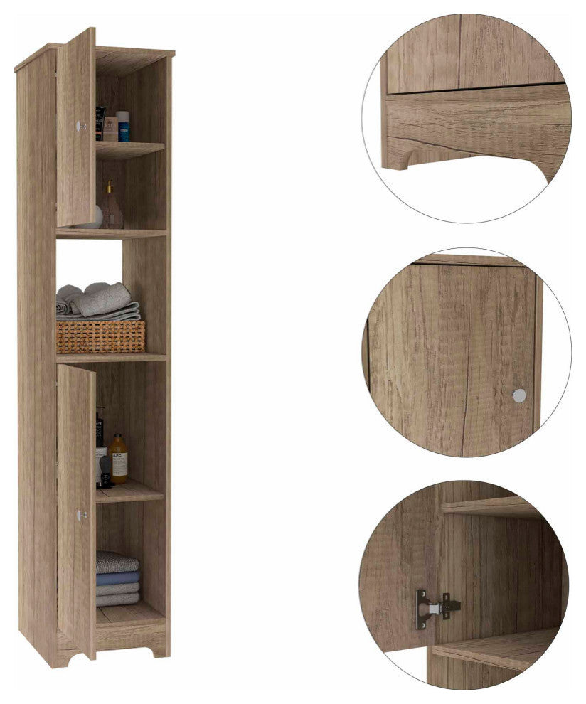 Charlotte Linen Cabinet with 2 Single Door Cabinets and Open Shelf, Light Oak