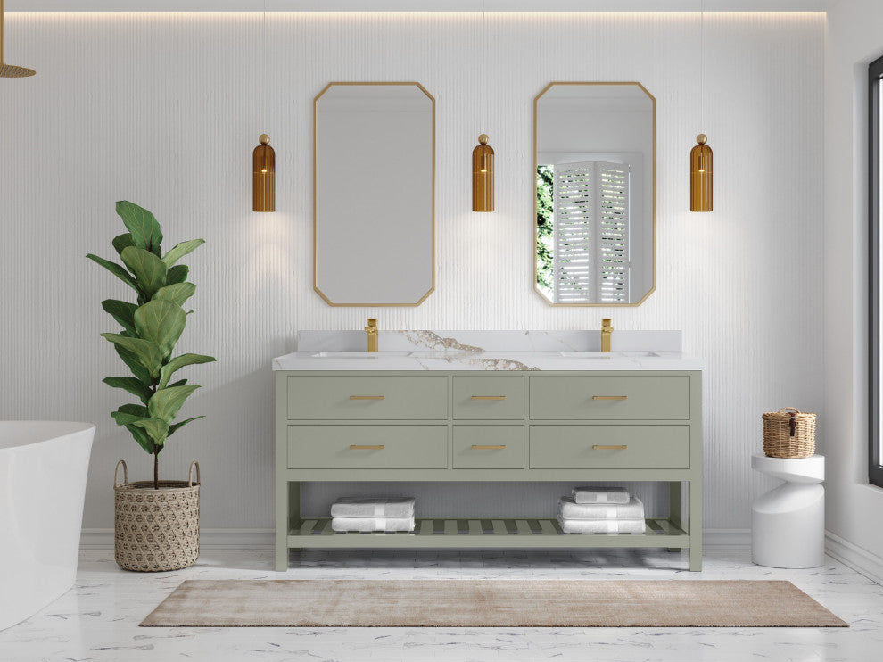 Parker 72" Double Sink Bath Vanity, Evergreen 2" Calacatta Gold
