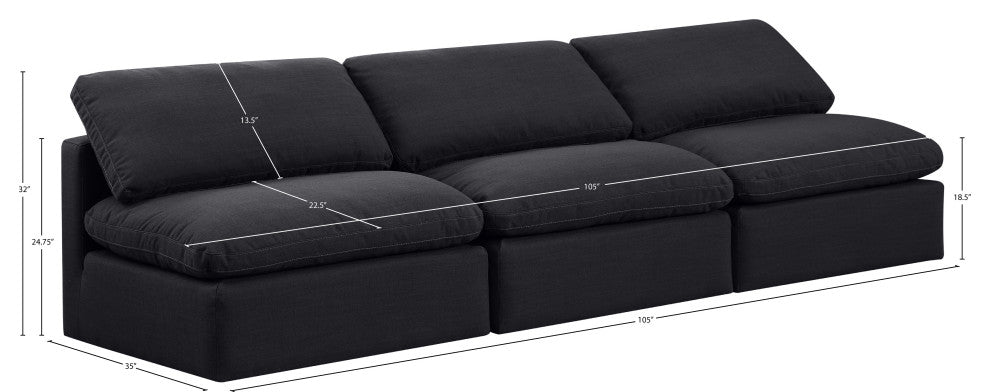 Indulge Upholstered Modular Sofa, Black, 3-Piece: 3 Armless Chair, Down Stuffed Linen Textured Fabric