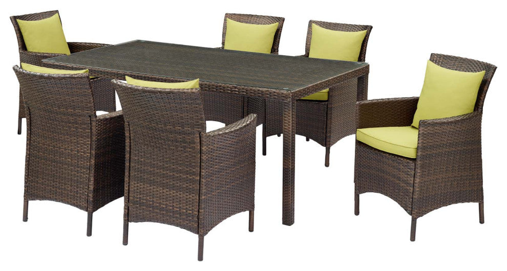 Side Dining Chair and Table Set, Rattan, Wicker, Brown Green, Modern, Outdoor