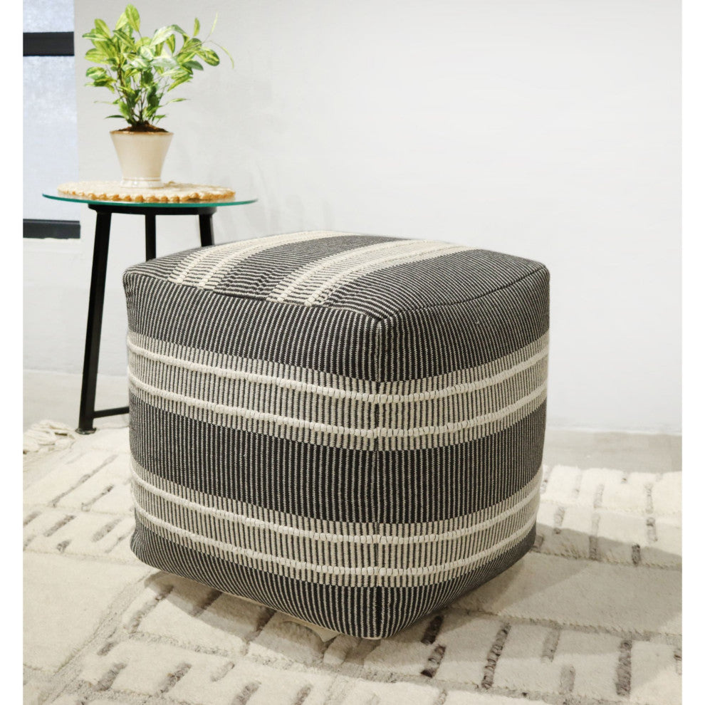 Ivory Machine Woven Kiowa Pouf, 18" Cube