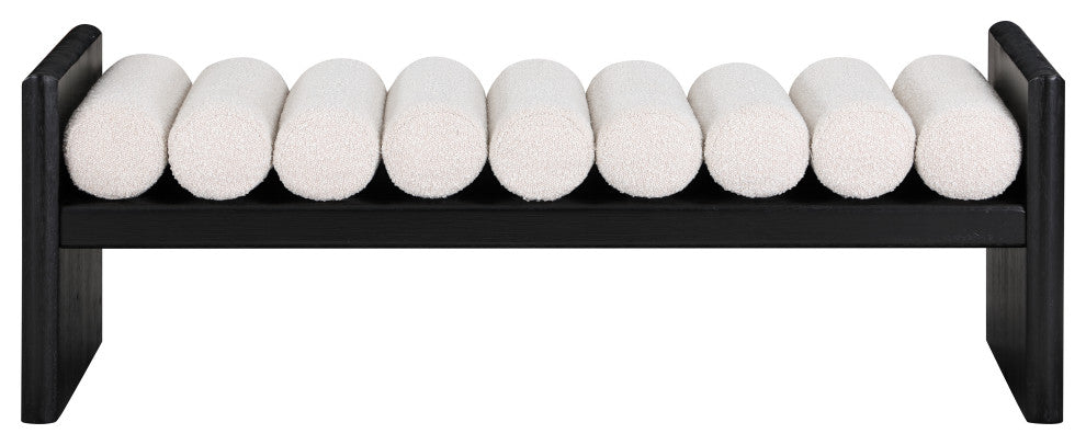 Waverly Boucle Fabric Upholstered Bench, Cream, 52" Wide, Black Finish