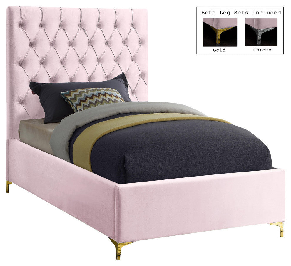 Cruz Velvet Upholstered Bed, Pink, Twin