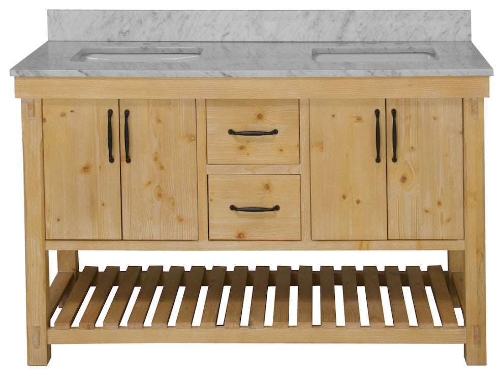Birmingham Bathroom Vanity, Drift Wood, 60", Carrara Marble, Double Sink