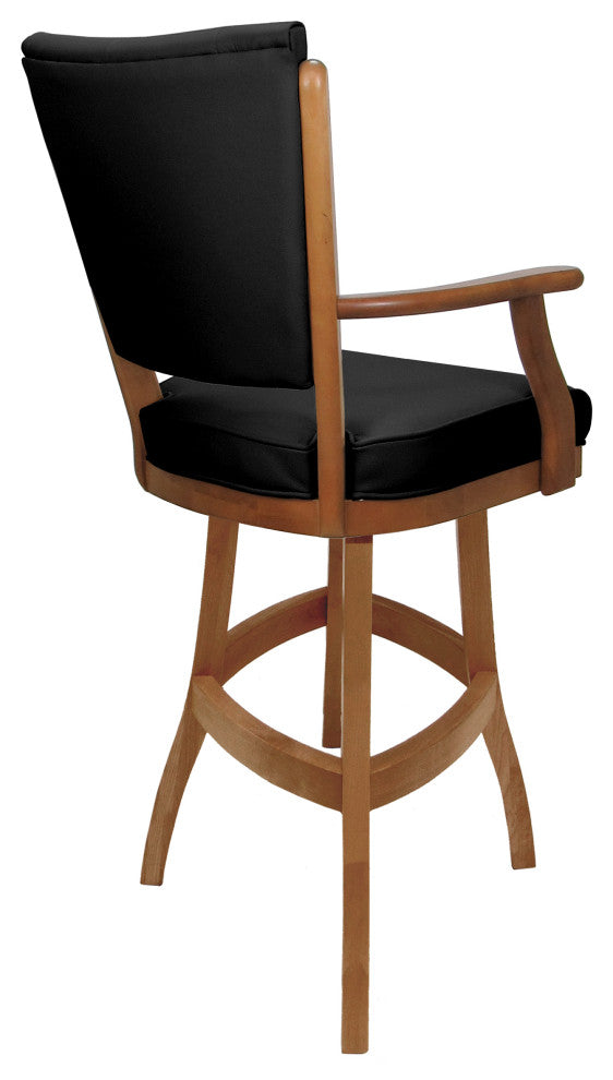Leather Swivel Wood Bar Stool Classic on S-Base, Black Leather on Honey, 26"