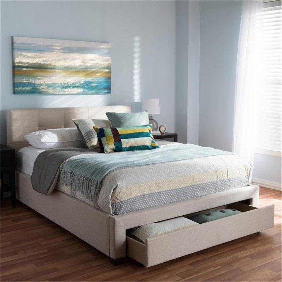 Brandy Light Beige Fabric Upholstered Queen Size Storage Platform Bed