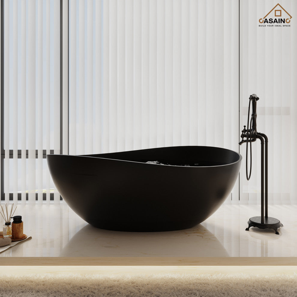63in Solid Surface Freestanding Bathtub in Matte White, Matte Black