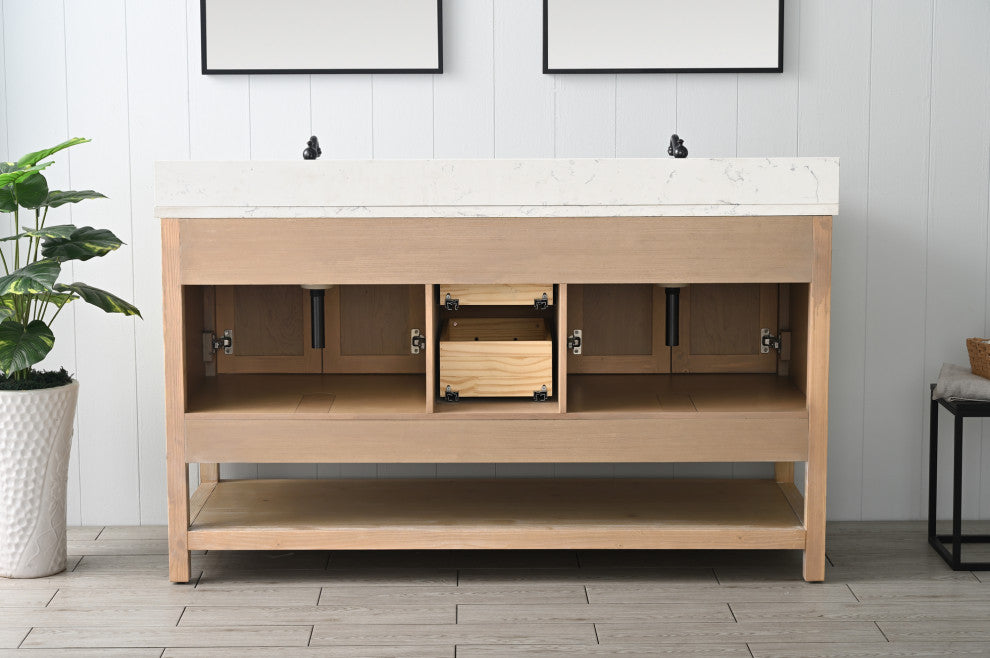 Harvey Farmhouse Bathroom Sink Vanity - Teak White, 60"