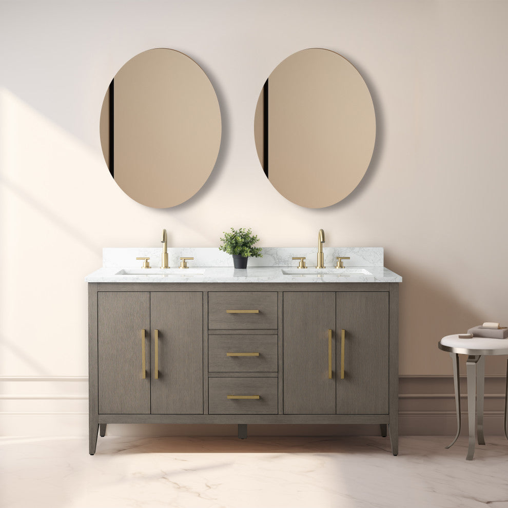 Vanity Art Bathroom Vanity With Sink, Driftwood Gray, 60", Double Sink, Golden Brushed