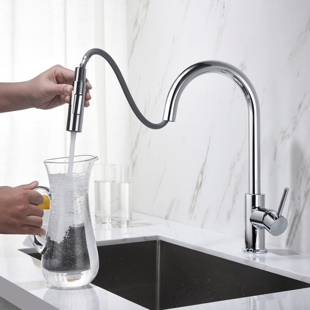 Brass Single Handle Pull Out Kitchen Faucet, Chrome W/ Soap Dispenser
