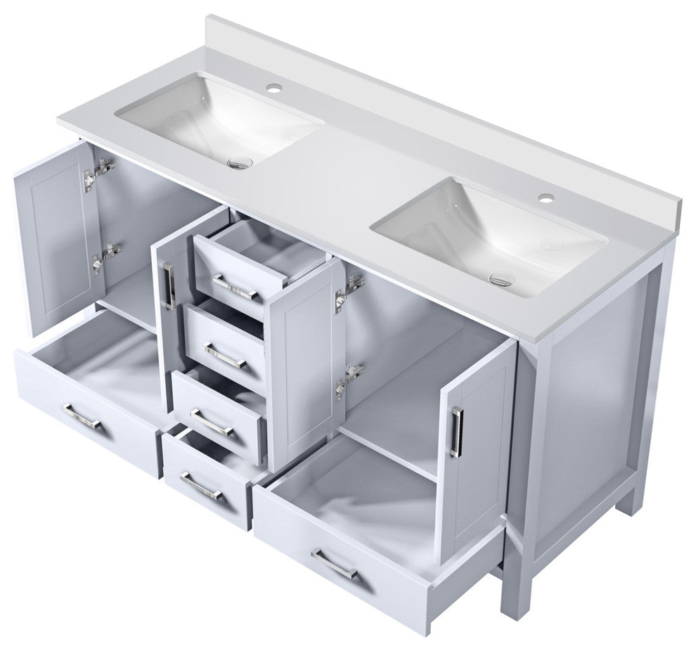 Jacques 60" White Double Sink Vanity with Quartz Top, No Mirror