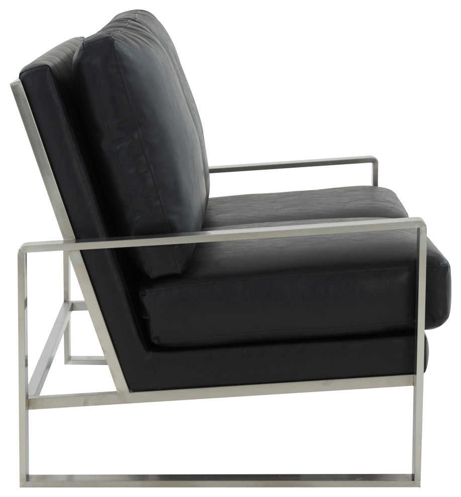 LeisureMod Jefferson Modern Faux Leather Loveseat With Silver Frame, Black