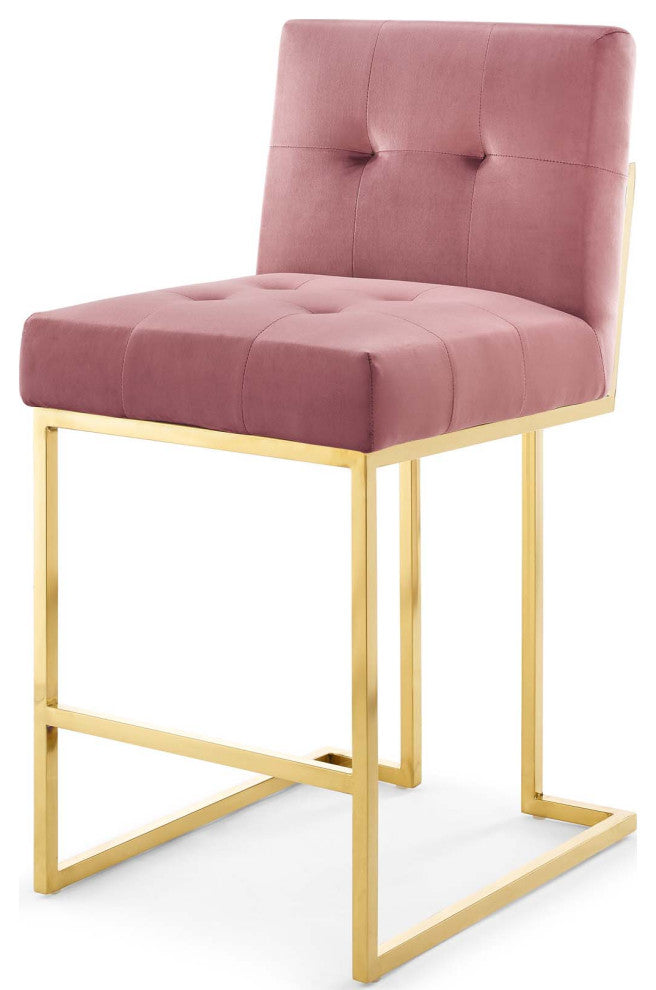 Counter Stool Chair, Set of 2, Velvet, Metal, Gold Pink, Modern, Bar Pub Bistro