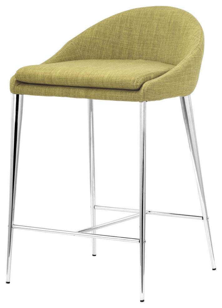 Counter Stool Chair, Set of 2, Steel Metal, Fabric, Pea Green, Chrome