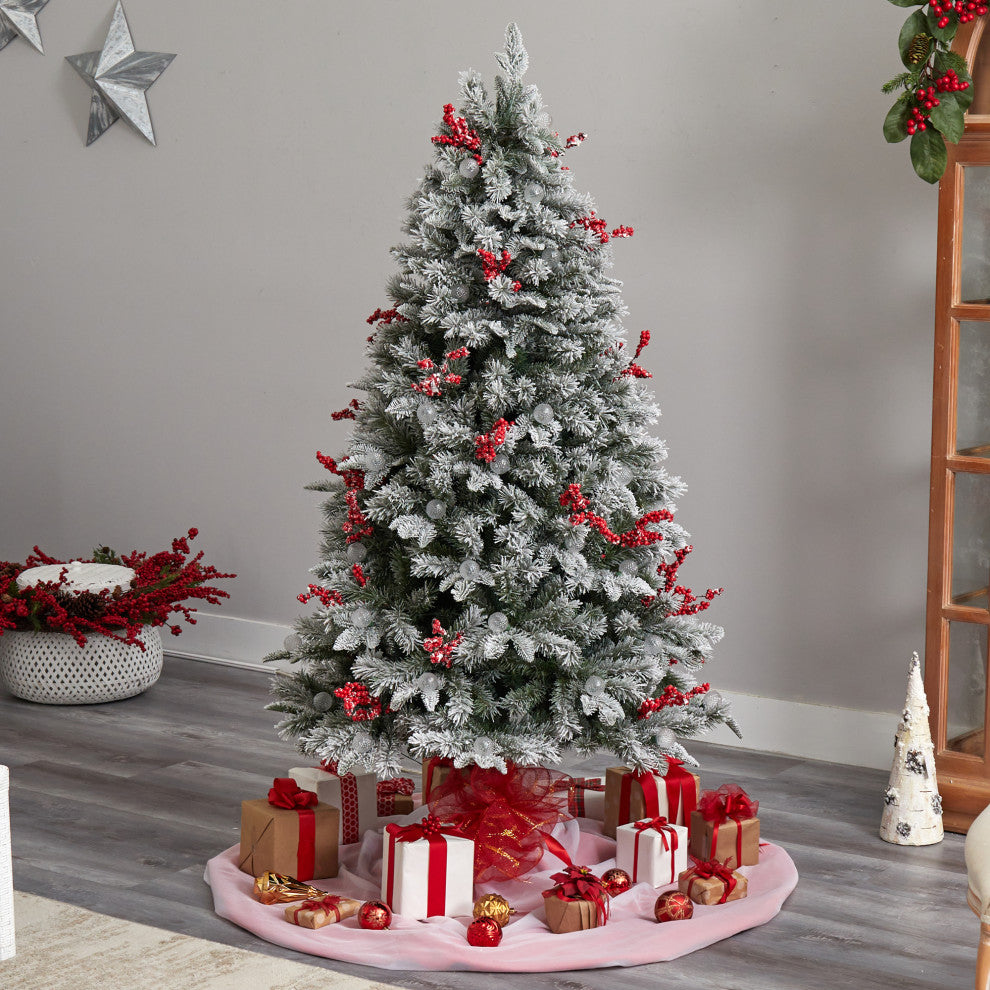 6' Snow Tipped Norwegian Fir Pre-Lit Faux Xmas Tree W/Lights, Berries
