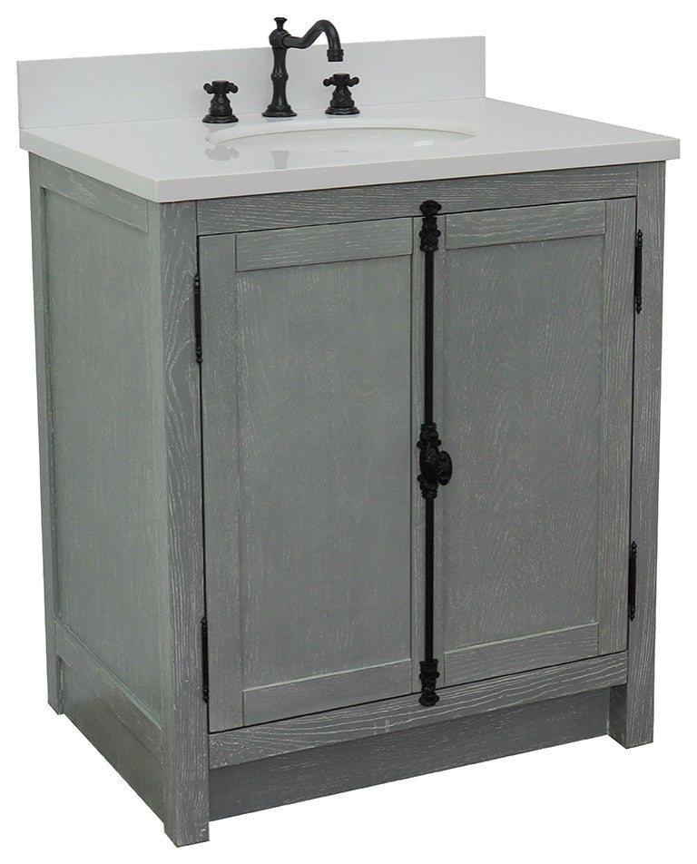 30" Single Vanity, Gray Ash, White Engineered Stone Top, Oval Sink