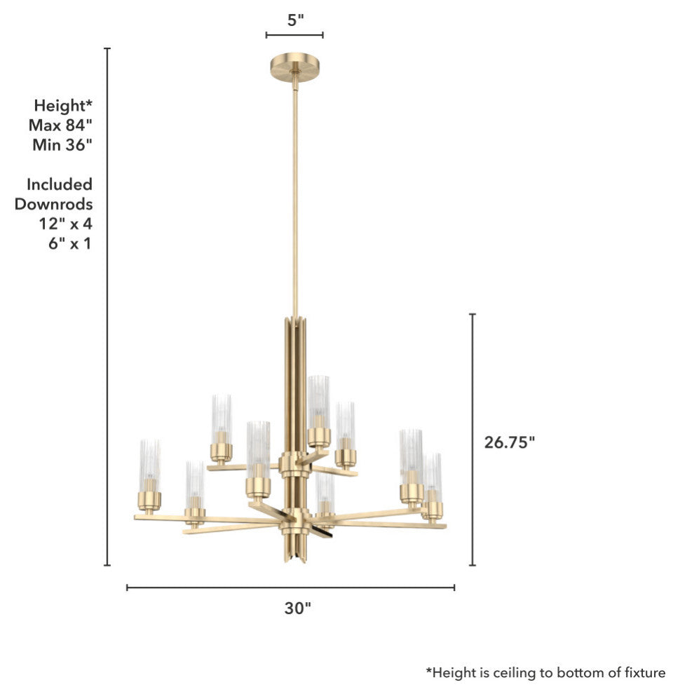 Gatz Alturas Gold, Ribbed Glass 9 Light 2-tier Chandelier Ceiling