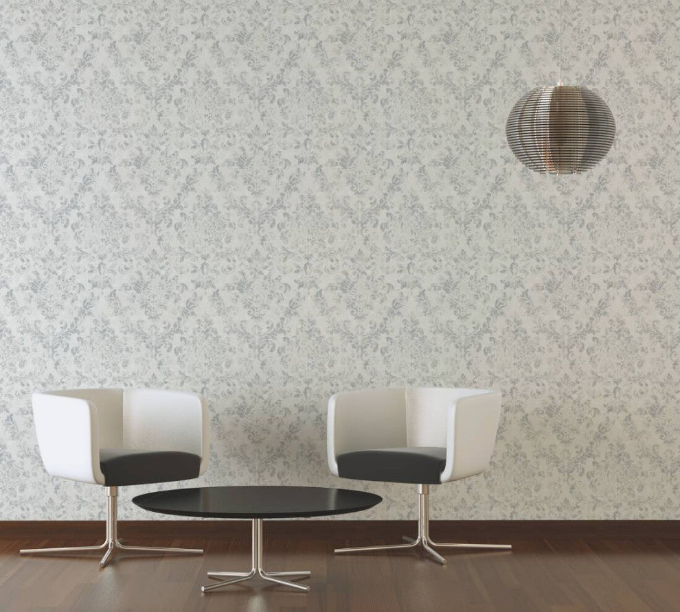 Damask Textured Wallpaper, Ornaments, 374134, White Gray Silver, 1 Roll