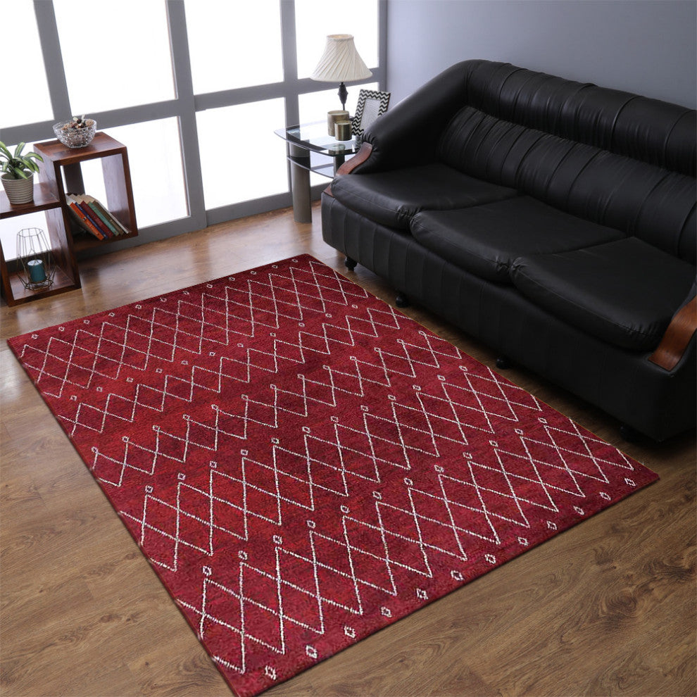 Hand Knotted Silk Area Rug Abstract Red